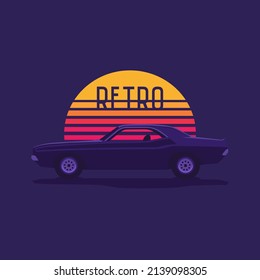 American muscle car on the background of a striped retro sun wave.Vector illustration in the style of the 80s.