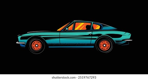 The American muscle car. Original vector illustration in vintage style isolated on black background. T-shirt design. Hand drawn, not by AI!