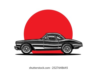 American muscle car. Original vector illustration in vintage style. T-shirt design. Hand drawn, not AI