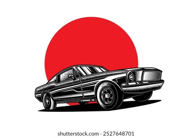 Um carro de músculo americano. Ilustração vetorial original em estilo vintage. Design de camiseta. Desenhado à mão, não com IA