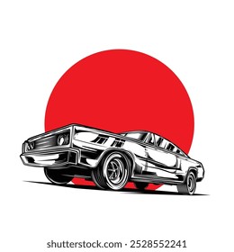 American muscle car. Original vector illustration in vintage style. T-shirt design. Hand drawn, not AI