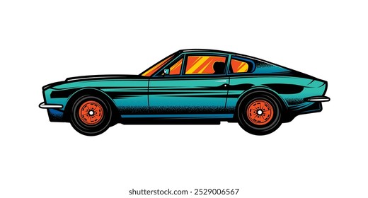 The American muscle car. Original vector illustration in vintage. T-shirt design. Hand drawn, not AI