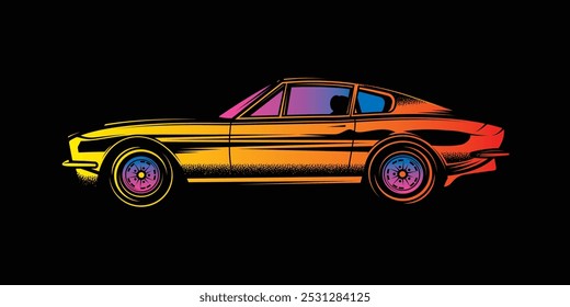 The American muscle car. Original vector illustration in vintage style isolated on black background. T-shirt design. Hand drawn, not AI