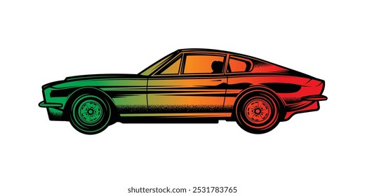 The American muscle car. Original vector illustration in vintage style isolated on black background. T-shirt design. Hand drawn, not AI