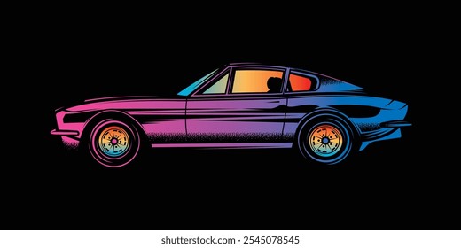 El coche del músculo americano. Ilustración vectorial original en estilo vintage aislado sobre fondo negro. Diseño de camiseta. Dibujado a mano, no AI