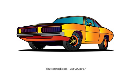 The American muscle car. Original vector illustration in vintage style. T-shirt design. Hand drawn, not AI