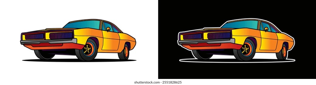 The American muscle car. Original vector illustration in vintage style. T-shirt design. Hand drawn, not AI