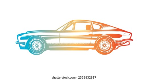 The American muscle car. Original vector illustration in vintage style isolated on black background. T-shirt design. Hand drawn, not AI