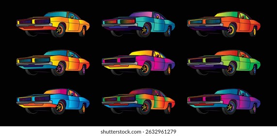 The American muscle car. Original vector illustration in vintage style. T-shirt design. Hand drawn, not AI