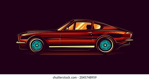 El auto muscular estadounidense es de color rojo. Diseño de camisetas. Ilustración vectorial.