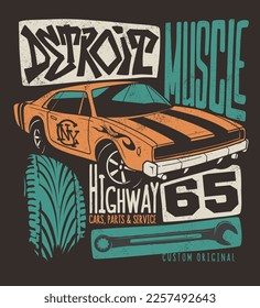 American muscle car, repair service typography t-shirt print.