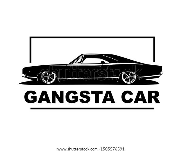 American Muscle Car Vector Illustration Vintage Gangsta Style Low Auto With Big Wheels Label Silhouette For Logo Club Garage Print Design