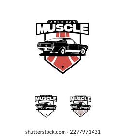 American muscle car vector logo isolated on white background. 60s classic car illustration