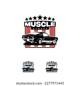 American muscle car vector logo isolated on white background. 60s classic car illustration