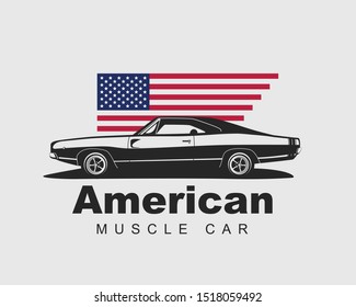 American muscle car vector. Supercar garage logo template. Old auto silhouette label for web or print.