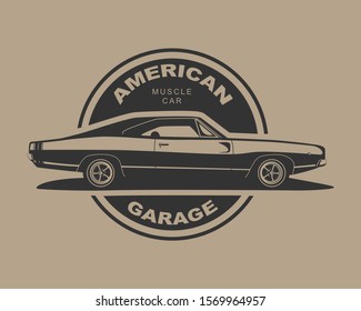 American muscle car vector. Supercar garage logo template. Old auto silhouette label for web or print.