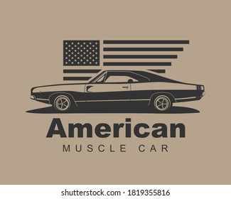 American muscle car vector. Supercar garage logo template. Old auto silhouette label for web or print.