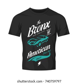 American muscle car vector tee-shirt logo on dark t-shirt mock up. Premium quality old sport vehicle logotype t-shirt emblem illustration. Bronx, New York street wear superior retro tee print design.