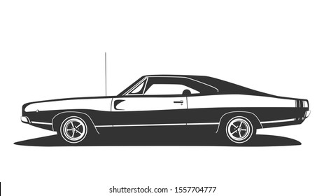 Vector de camión muscular americano. Vintage de la barra caliente con la tapa del motor. Diseño del logo de camiones de EE.UU. Plantilla para la impresión en pantalones. Estilo retro plano blanco y negro.