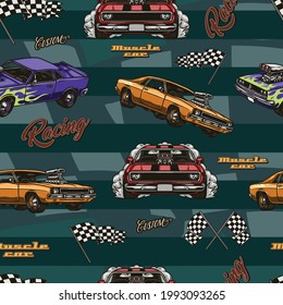 American muscle cars colorful seamless pattern with inscriptions powerful custom automobiles and racing checkered flags in vintage style vector illustration