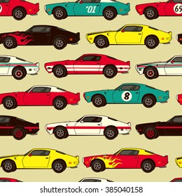 American muscle classic racing car seamless pattern