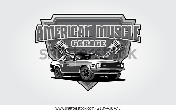 American Muscle Garage Vector Logo Template for\
your company or club , clothing design and many more. Excellent\
design, vintage style, good looking and high quality. Black and\
white version logo.