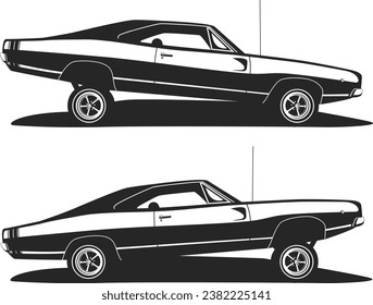 American muscle low rider car vector. Classic lowrider cars profile. Set tuning vehicle template for print t shirt or logo motor club. Black silhouette isolated on white background.