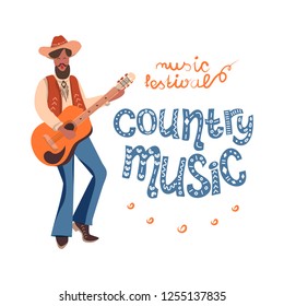The American musician in a cowboy hat singing and playing the guitar. Vector clip art invitation to the country festival. Wild West comic style