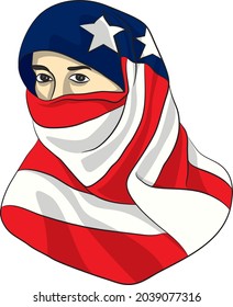 American Muslim girl wearing USA flag hijab. Vector illustration can be print on tee-shirt