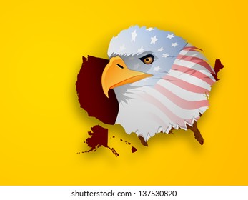 American National bird, bald eagle in flag colors on yellow background.