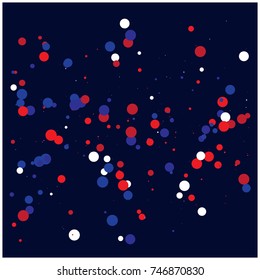 American national colors square vector background, festive pattern with flying, falling red, blue, white stars in colors of the United States' flag. Independence Day banner, bright star dust confetti.