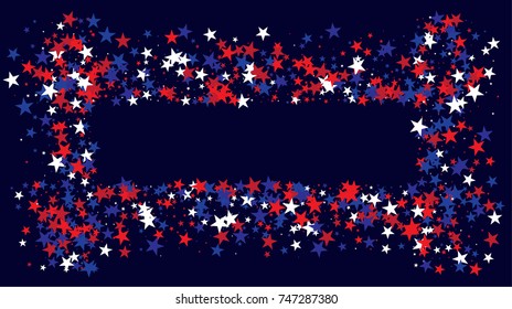 American national colors square vector background, festive pattern with flying, falling red, blue, white stars in colors of the United States' flag. Independence Day banner, bright star dust confetti.