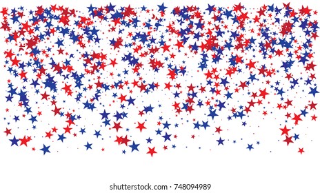 American national colors square vector background, festive pattern with flying, falling red, blue, white stars in colors of the United States' flag. Independence Day banner, bright star dust confetti.