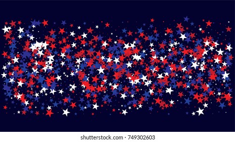 American national colors square vector background, festive pattern with flying, falling red, blue, white stars in colors of the United States' flag. Independence Day banner, bright star dust confetti.