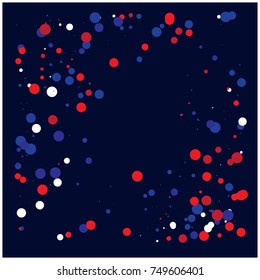 American national colors square vector background, festive pattern with flying, falling red, blue, white stars in colors of the United States' flag. Independence Day banner, bright star dust confetti.