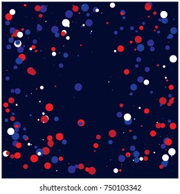 American national colors square vector background, festive pattern with flying, falling red, blue, white stars in colors of the United States' flag. Independence Day banner, bright star dust confetti.