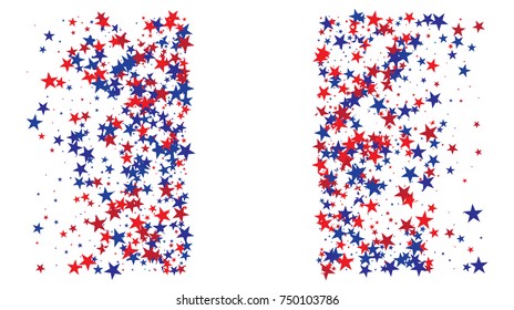 American national colors square vector background, festive pattern with flying, falling red, blue, white stars in colors of the United States' flag. Independence Day banner, bright star dust confetti.