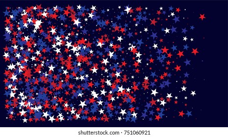 American national colors square vector background, festive pattern with flying, falling red, blue, white stars in colors of the United States' flag. Independence Day banner, bright star dust confetti.