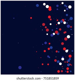 American national colors square vector background, festive pattern with flying, falling red, blue, white stars in colors of the United States' flag. Independence Day banner, bright star dust confetti.
