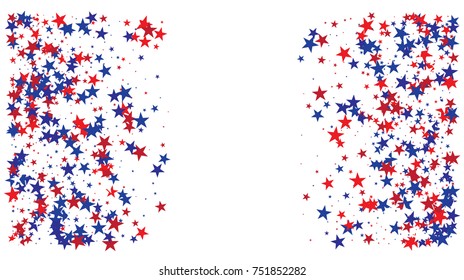American national colors square vector background, festive pattern with flying, falling red, blue, white stars in colors of the United States' flag. Independence Day banner, bright star dust confetti.