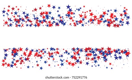 American national colors square vector background, festive pattern with flying, falling red, blue, white stars in colors of the United States' flag. Independence Day banner, bright star dust confetti.