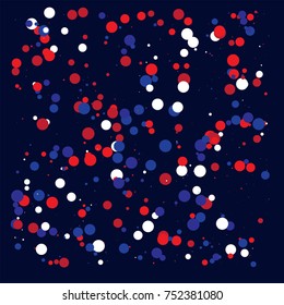 American national colors square vector background, festive pattern with flying, falling red, blue, white stars in colors of the United States' flag. Independence Day banner, bright star dust confetti.