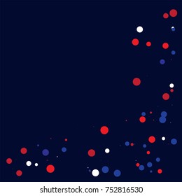 American national colors square vector background, festive pattern with flying, falling red, blue, white stars in colors of the United States' flag. Independence Day banner, bright star dust confetti.