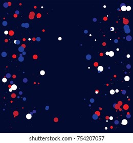 American national colors square vector background, festive pattern with flying, falling red, blue, white stars in colors of the United States' flag. Independence Day banner, bright star dust confetti.
