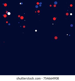 American national colors square vector background, festive pattern with flying, falling red, blue, white stars in colors of the United States' flag. Independence Day banner, bright star dust confetti.