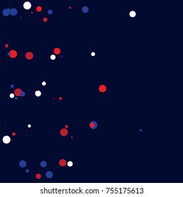 American national colors square vector background, festive pattern with flying, falling red, blue, white stars in colors of the United States' flag. Independence Day banner, bright star dust confetti.