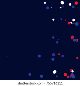 American national colors square vector background, festive pattern with flying, falling red, blue, white stars in colors of the United States' flag. Independence Day banner, bright star dust confetti.