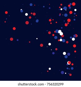 American national colors square vector background, festive pattern with flying, falling red, blue, white stars in colors of the United States' flag. Independence Day banner, bright star dust confetti.