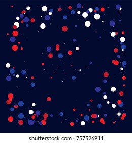 American national colors square vector background, festive pattern with flying, falling red, blue, white stars in colors of the United States' flag. Independence Day banner, bright star dust confetti.