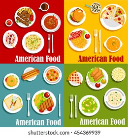 American national cuisine. Egg benedict and hot dog, hamburger and cheeseburger, sandwich with beef and pork or sirloin steak, sausage with sauce or ketchup and chorizo, vichyssoise soup and stew